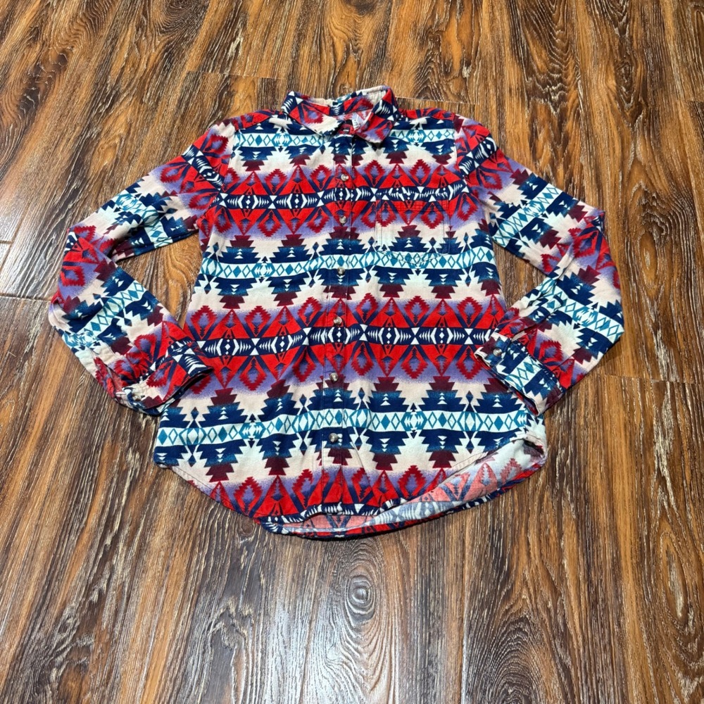 BDG Kids M Red Blue Southwestern Geometric Cotton Button Down Shirt Flannel Boy